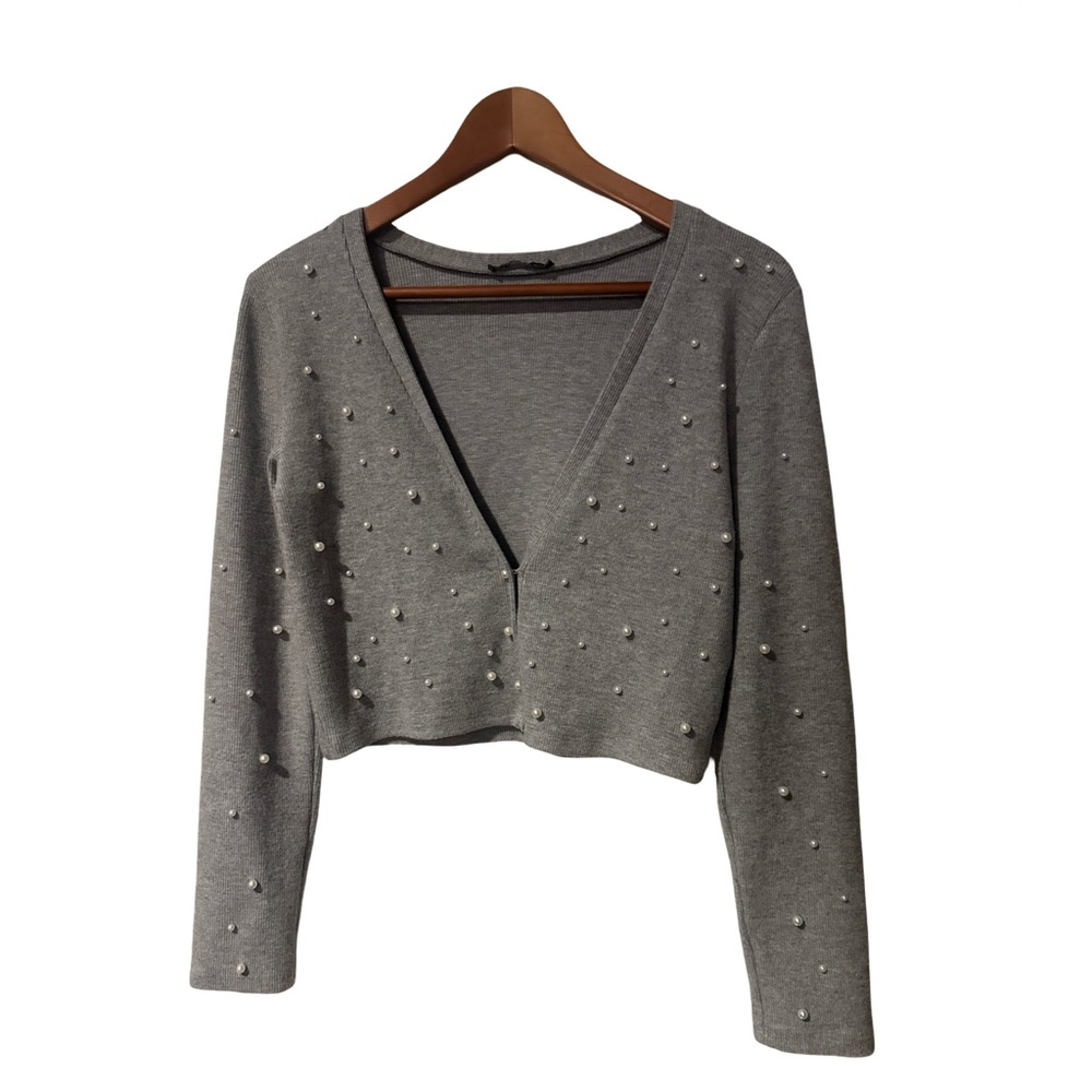 Zara Gray Pearl-Embellished Crop Top